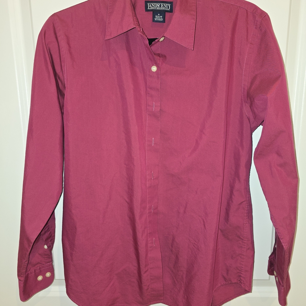 Lands' End Womens Red Fuscia Pink Shirt Size 8 Button‎ Front Long Sleeve Work